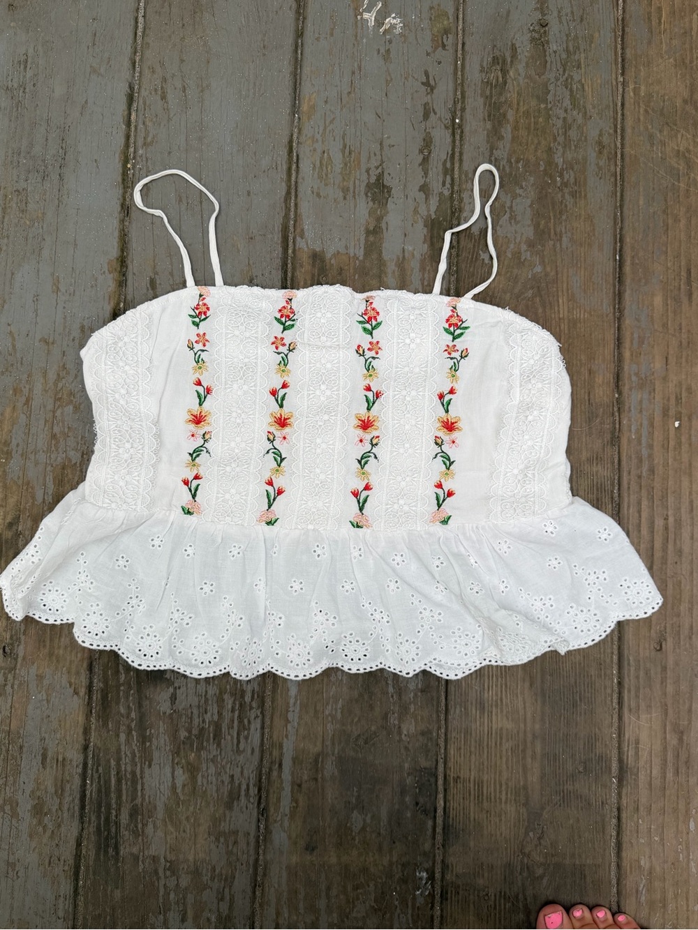 Super Cute SHEIN White Eyelet Crop Top with Multicolor Floral Embroidery